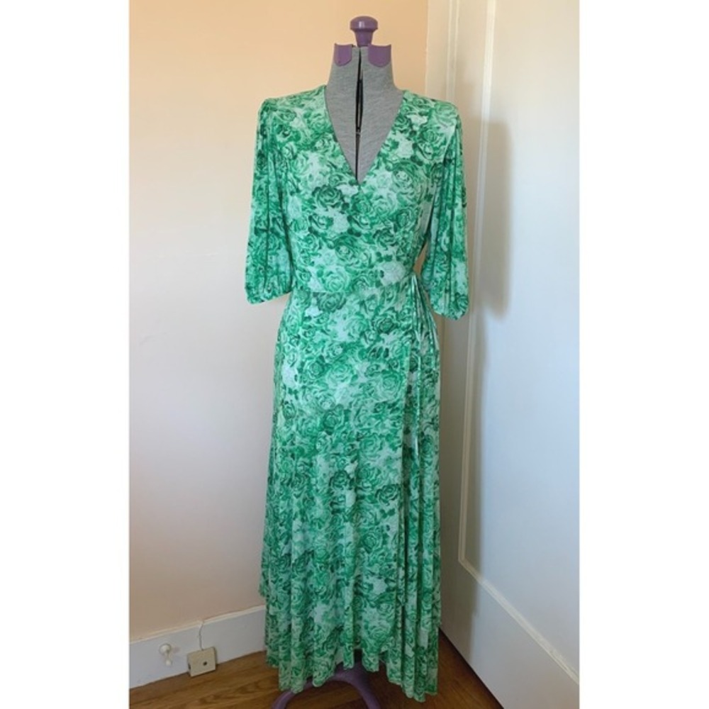 GANNI True Wrap Dress 42 Stretch Mesh Green Floral Print Maxi Sheer Puff Sleeves